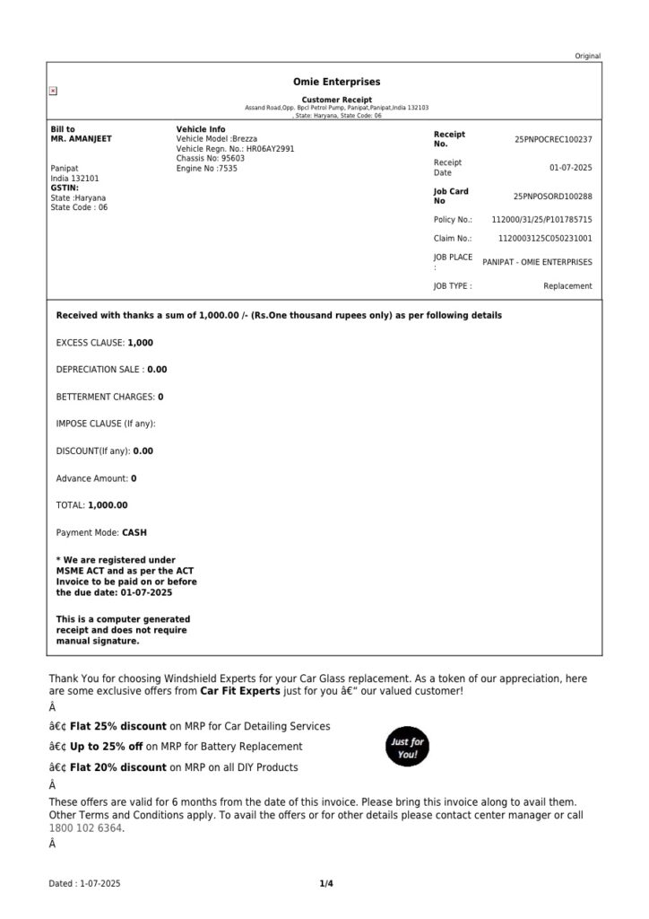 Omie Enterprises Customer Receipt - Invoice 25PNPOCREC100237