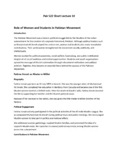 Pak 522 Lectures 10-15: Role of Women and Students in Pakistan Movement