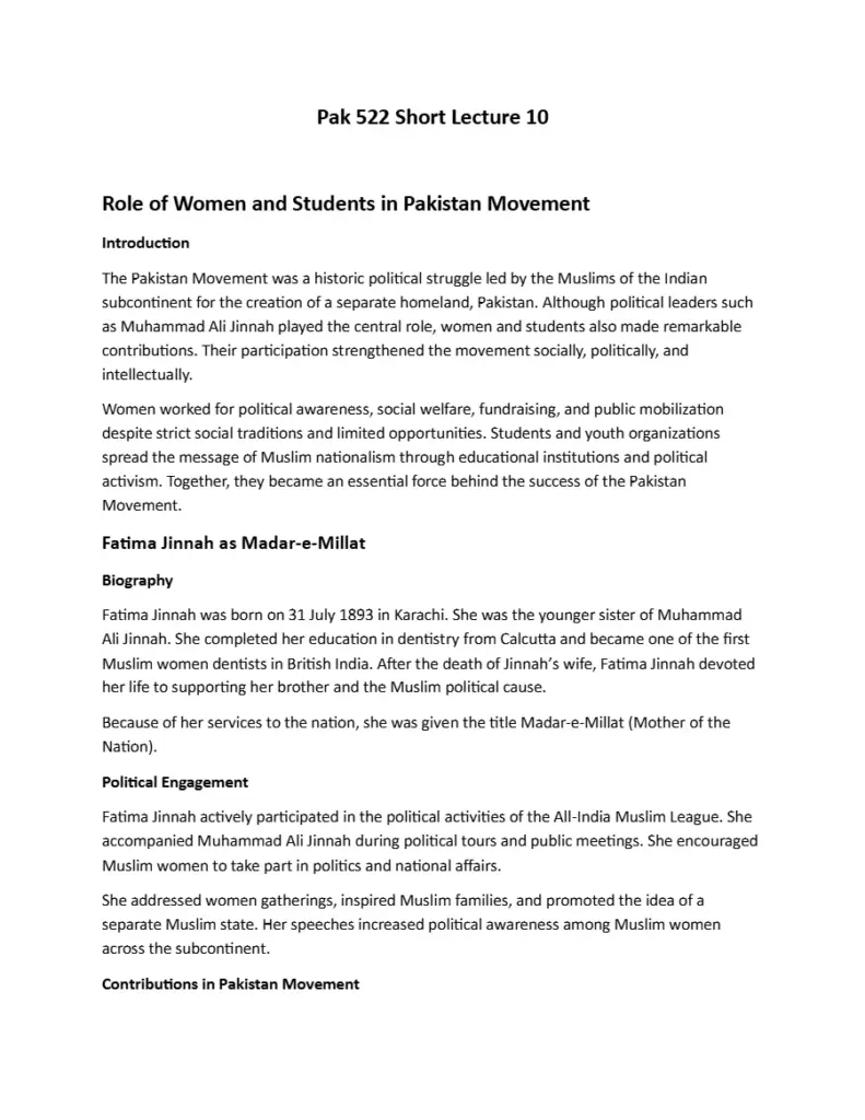 Pak 522 Lectures 10-15: Role of Women and Students in Pakistan Movement