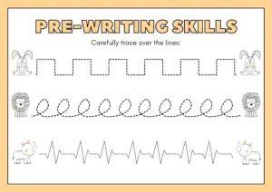 Pre Writing Skills Tracing Worksheets in Colorful Wild Animal Cartoon Style
