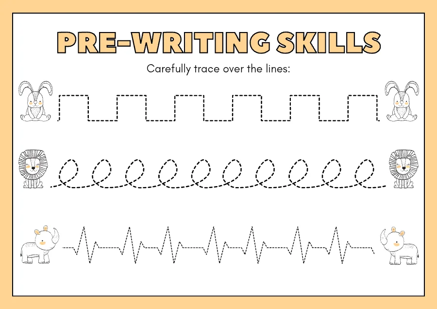 Pre Writing Skills Tracing Worksheets in Colorful Wild Animal Cartoon Style