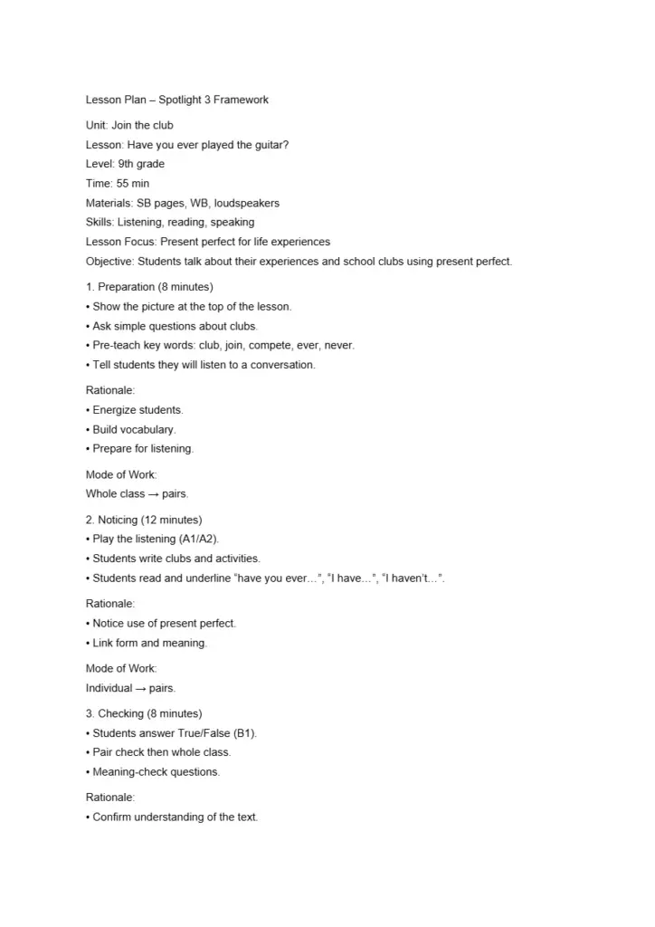 Present Perfect Lesson Plan for 9th Grade Students