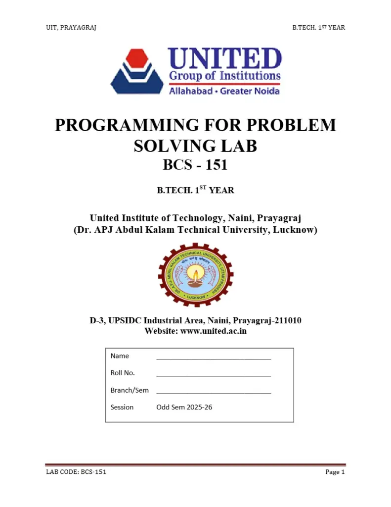 Programming for Problem Solving Lab Manual BCS-151