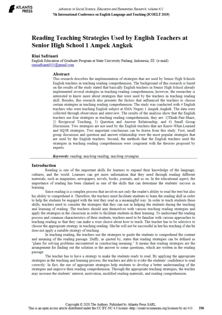 Reading Teaching Strategies Used by English Teachers at Senior High School 1 Ampek Angkek