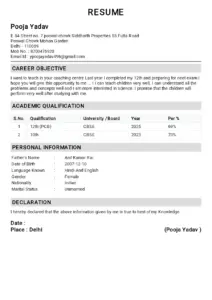 Resume of Pooja Yadav for Teaching Position