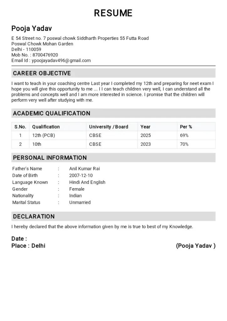 Resume of Pooja Yadav for Teaching Position