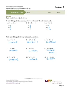 Secondary Math II Module 3: Solving Quadratics and Other Equations