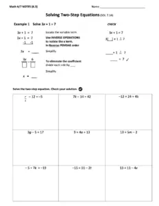 Solving Two-Step Equations – Math 6/7 Notes