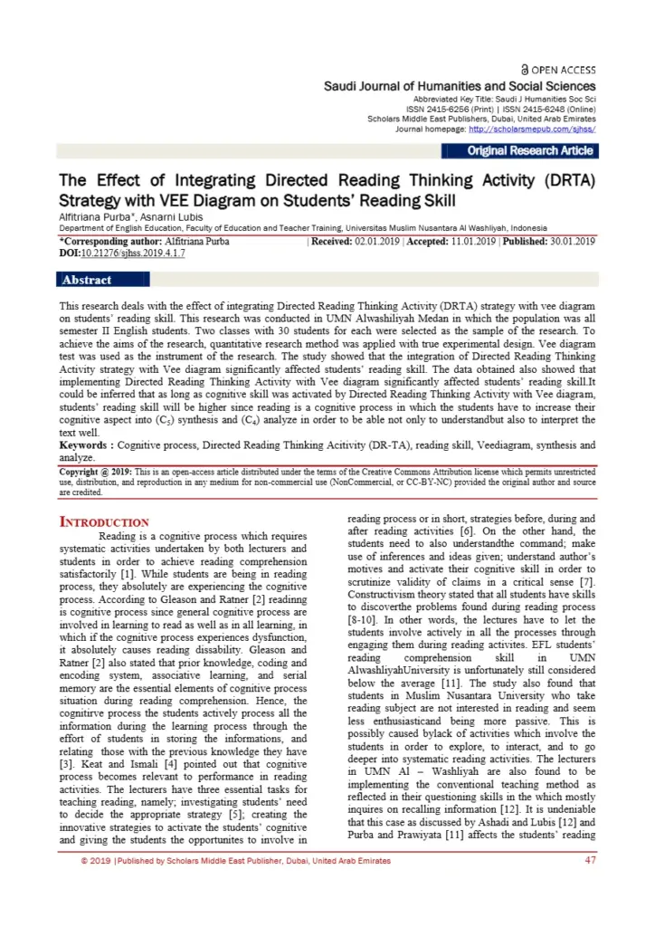 The Effect of Integrating Directed Reading Thinking Activity (DRTA) Strategy with VEE Diagram on Students’ Reading Skill