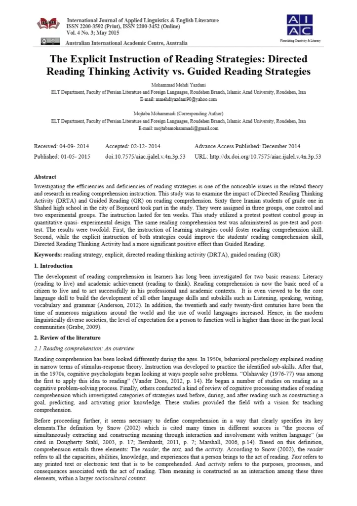 The Explicit Instruction of Reading Strategies: DRTA vs. Guided Reading