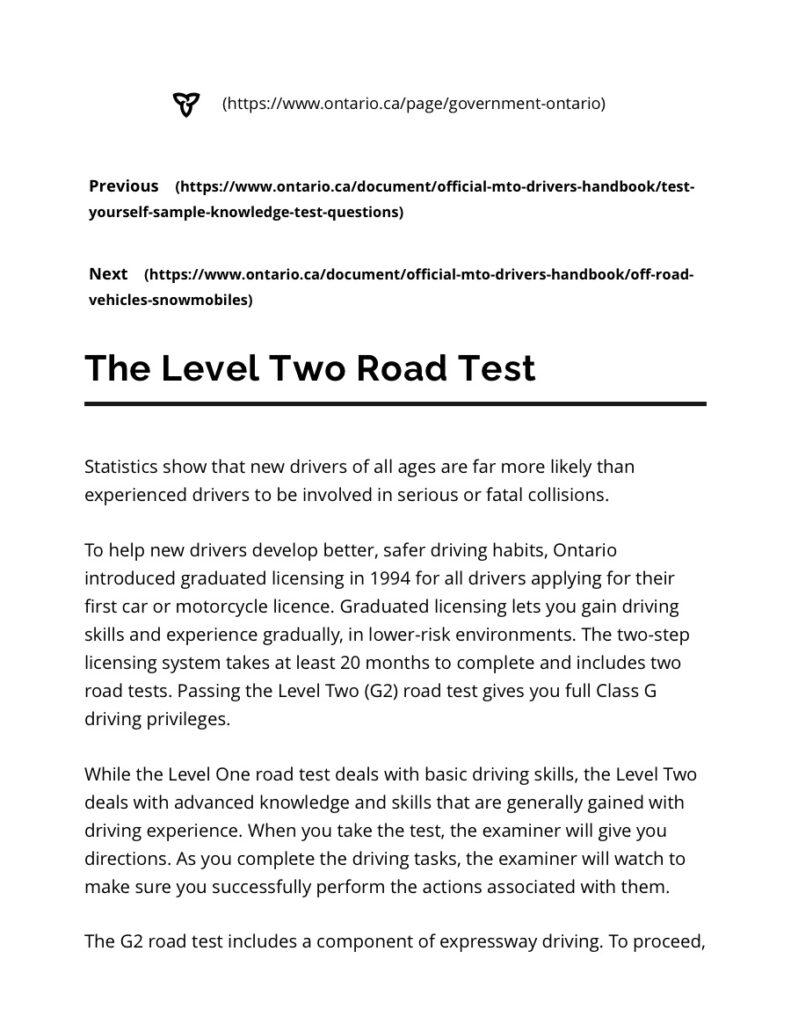 The Level Two Road Test - Official MTO Guide