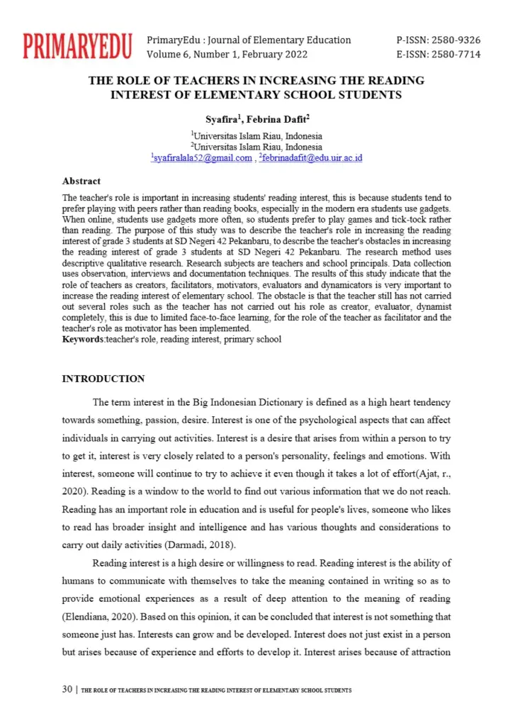 The Role Of Teachers In Increasing The Reading Interest Of Elementary School Students