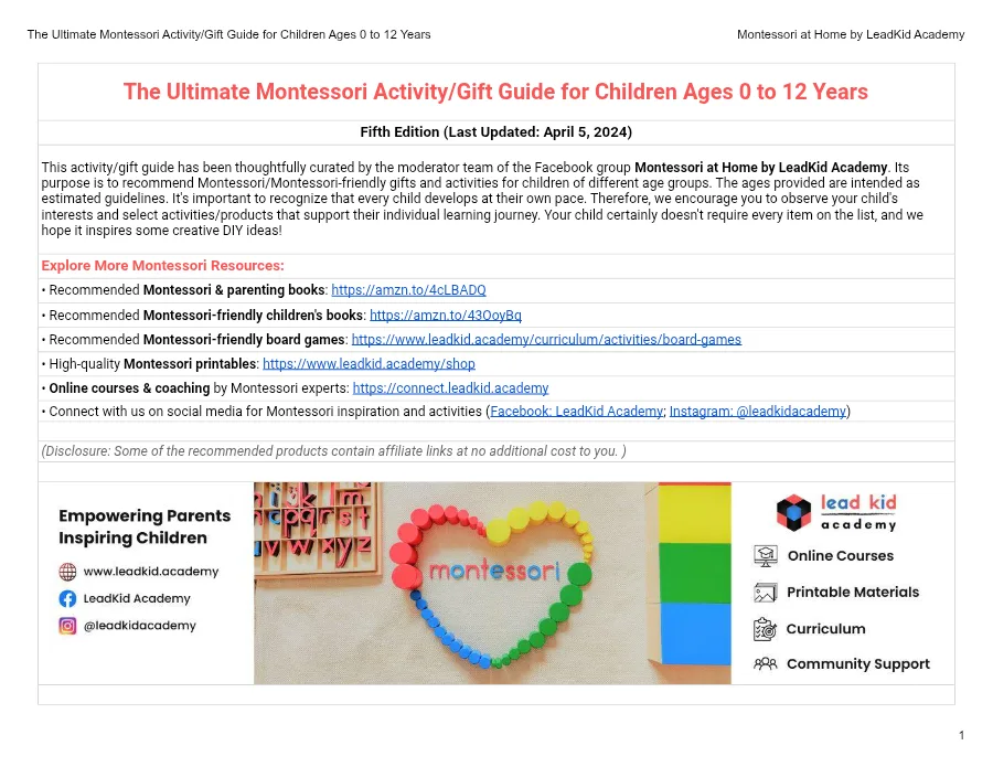 The Ultimate Montessori Activity Gift Guide For Children Ages 0 To 12 Years – 5th Edition
