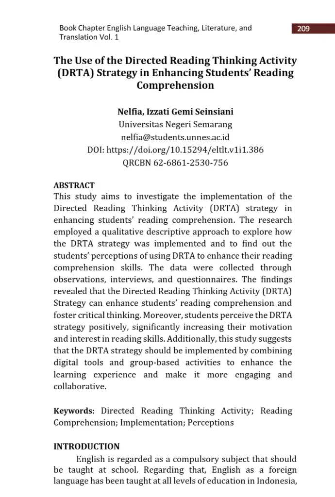 The Use of the Directed Reading Thinking Activity (DRTA) Strategy in Enhancing Students’ Reading Comprehension