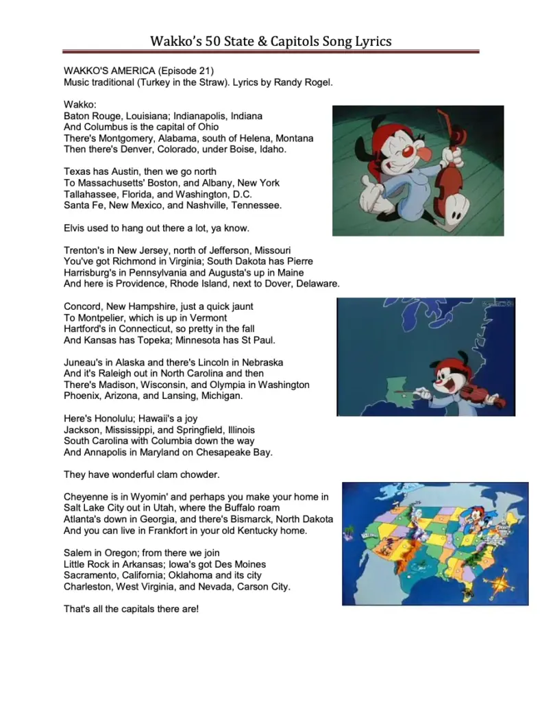 Wakko's 50 States and Capitals Song Lyrics
