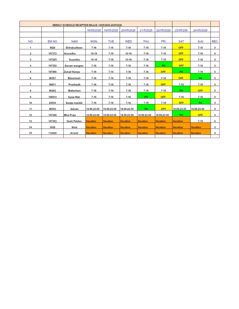 Weekly Schedule Reception Majlis - May 2026