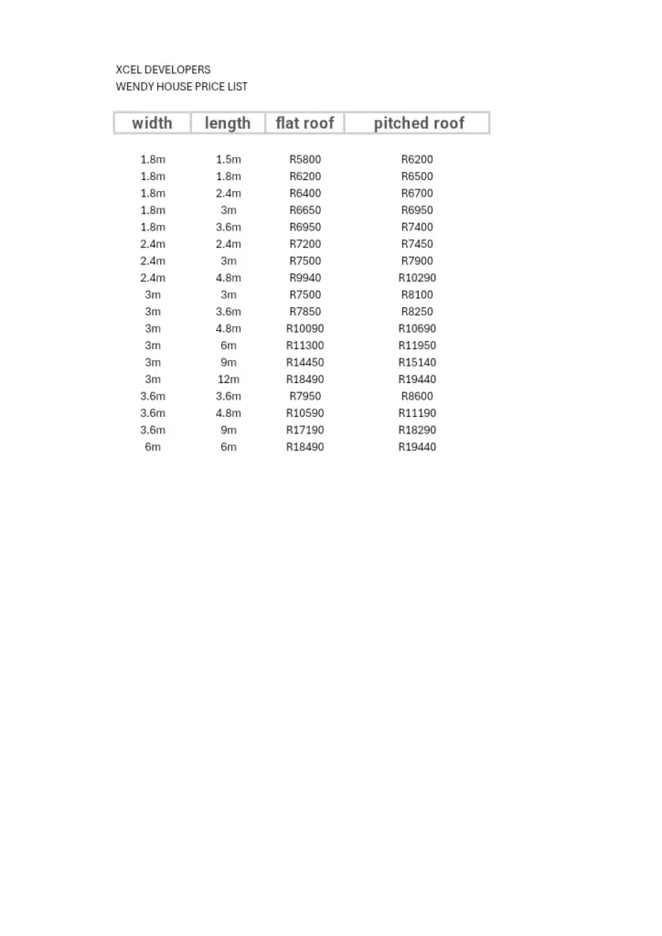 Wendy House Price List