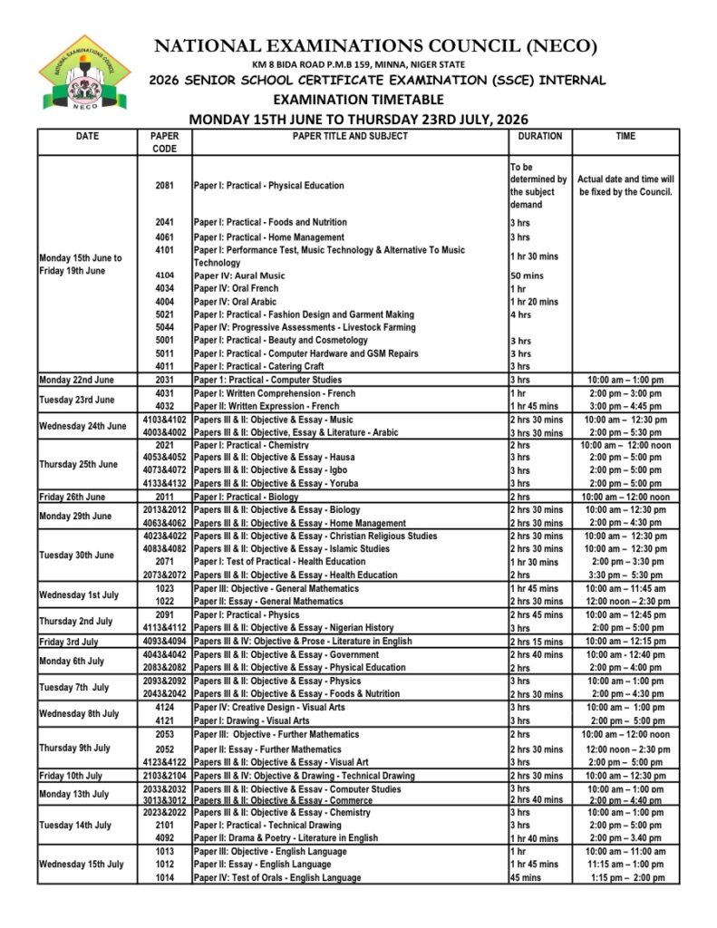 2026 SSCE Internal Examination Timetable
