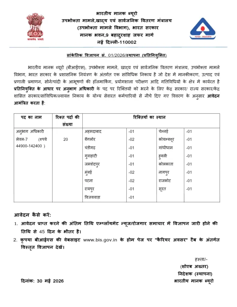 Advertisement for the Post of Section Officer on Deputation