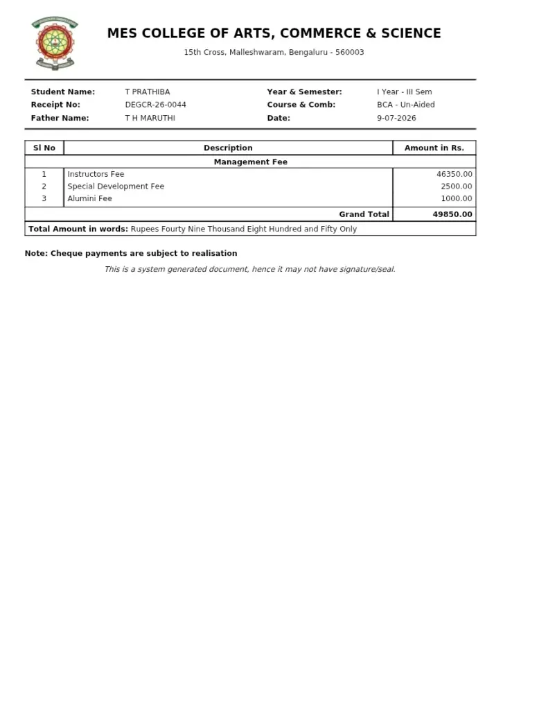 BCA Management Fee Receipt - MES College of Arts, Commerce & Science
