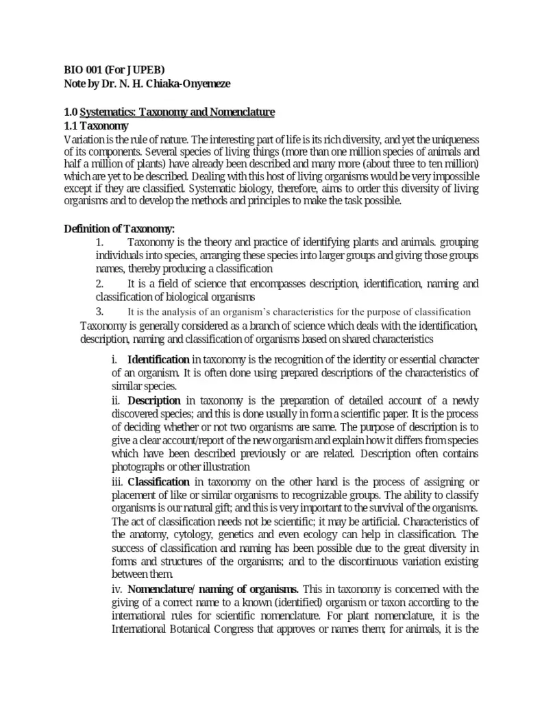 BIO 001 Notes on Systematics and Ecology