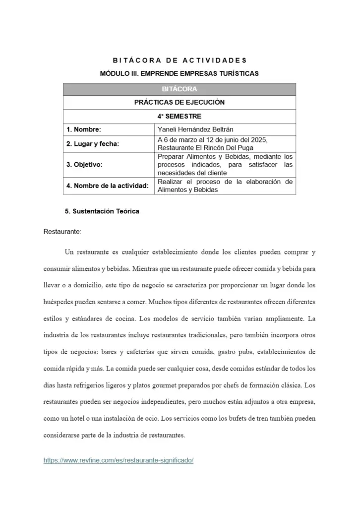 Bitácora de Actividades en el Restaurante El Rincón Del Puga