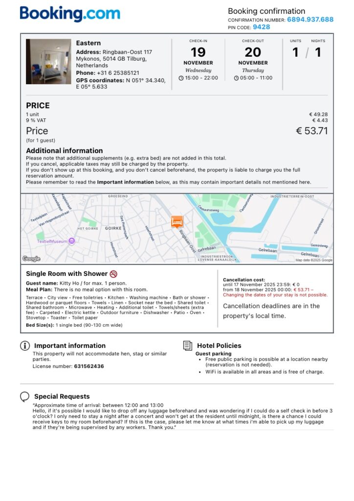 Booking Confirmation #6894937688 for Eastern Hotel in Tilburg