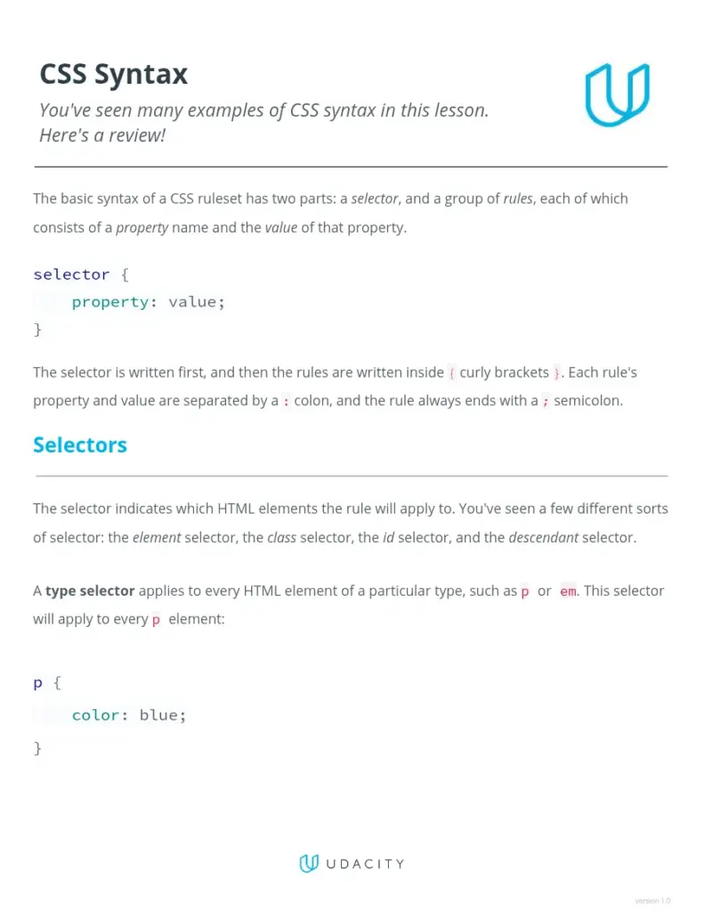 CSS Syntax Reference Sheet