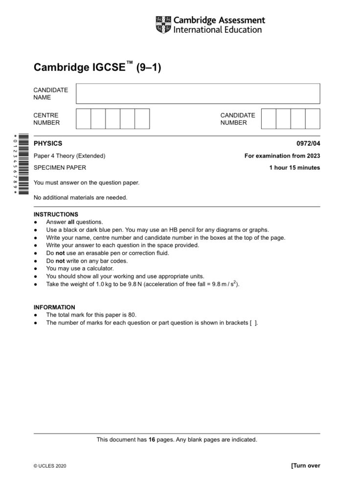 Cambridge IGCSE Physics 0972/04 Specimen Paper 2023