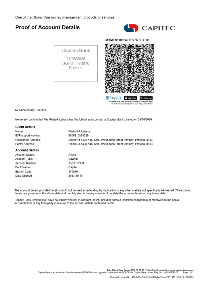 Capitec Bank Savings Account Details for Pheladi Lebese