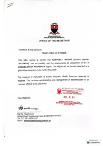 Completion of Studies Confirmation for Kamogelo Selepe