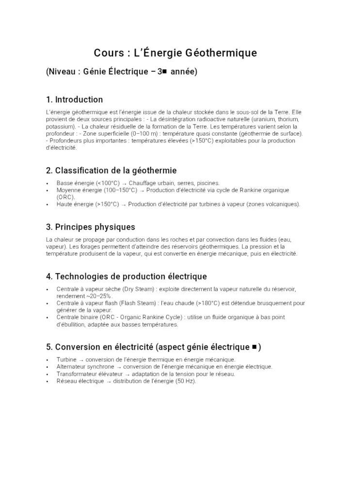 Cours Energie Geothermique - Génie Électrique 3ème Année