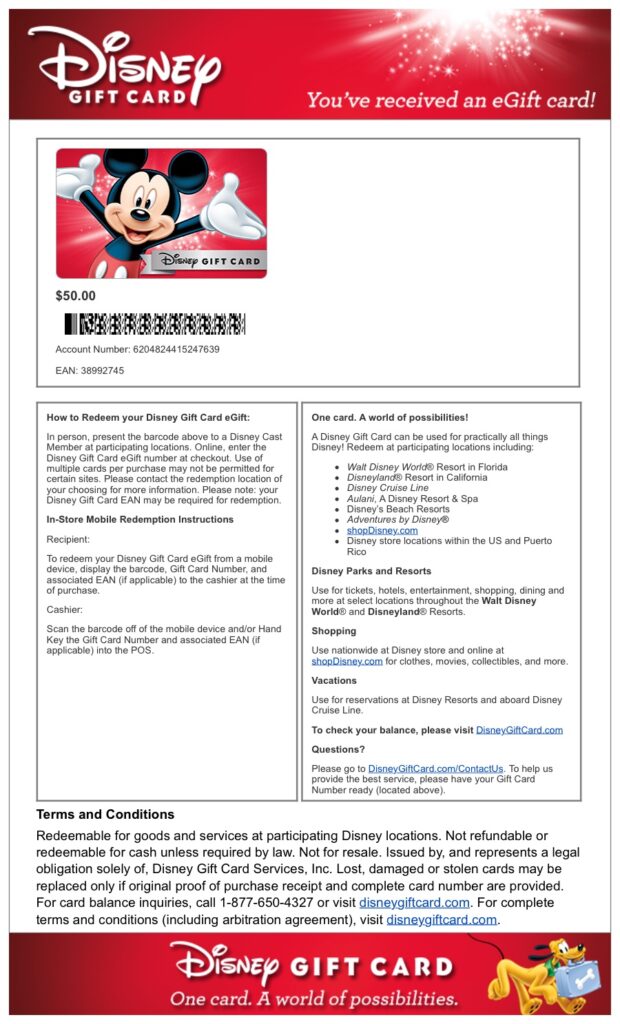 Disney Gift Card eGift Instructions and Redemption Guide