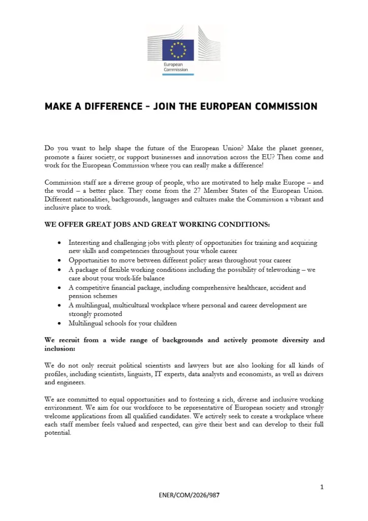 European Commission Vacancy Notice ENER COM 2026 987