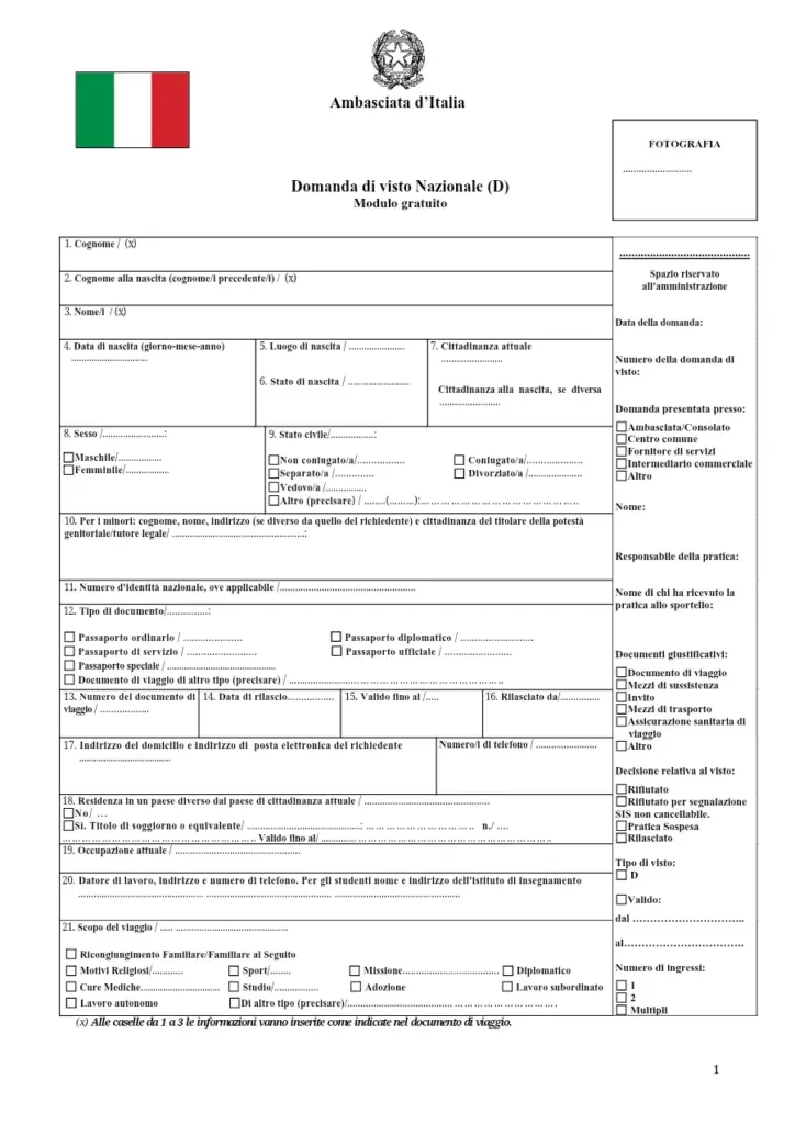 Formulario Visto Nazionale - Italy Visa Application Form