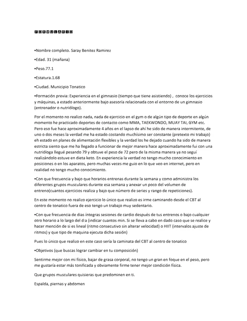 Formulario de Entrenamiento para Fitness y Ejercicio