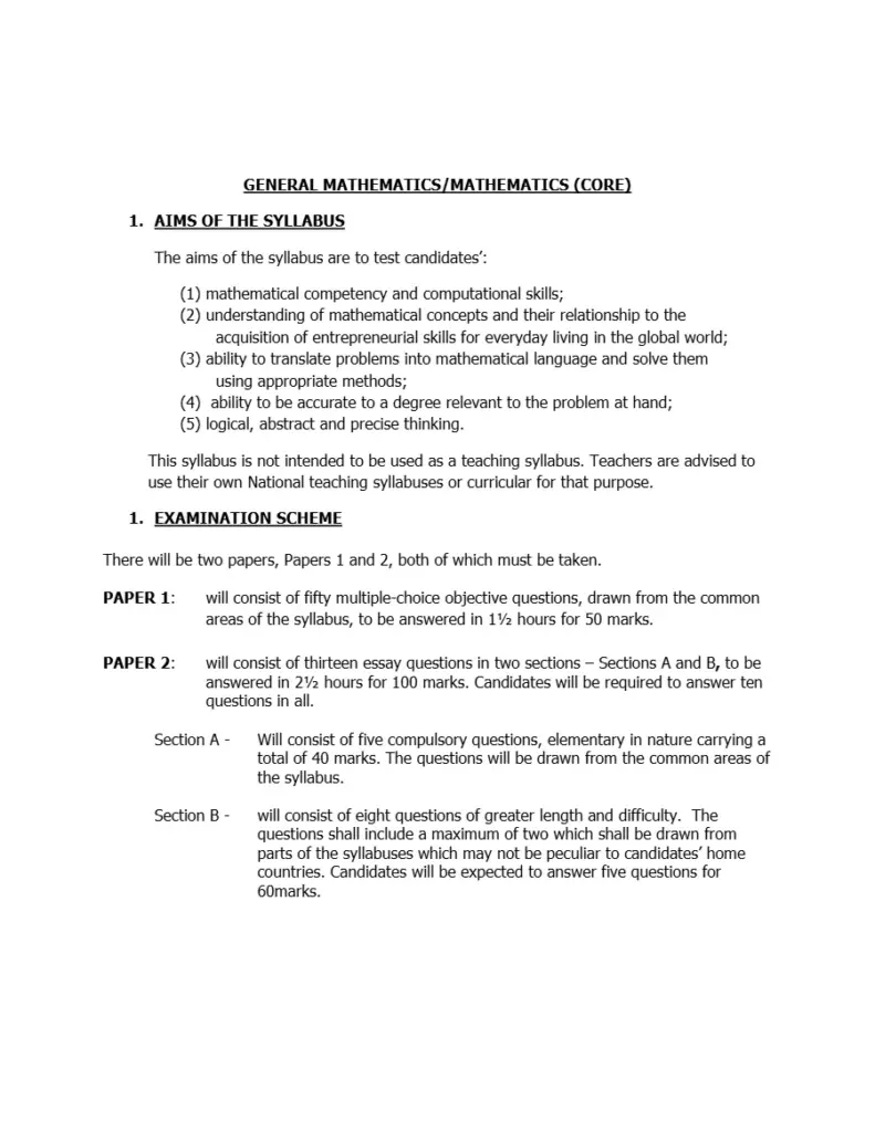 General Mathematics Mathematics Core
