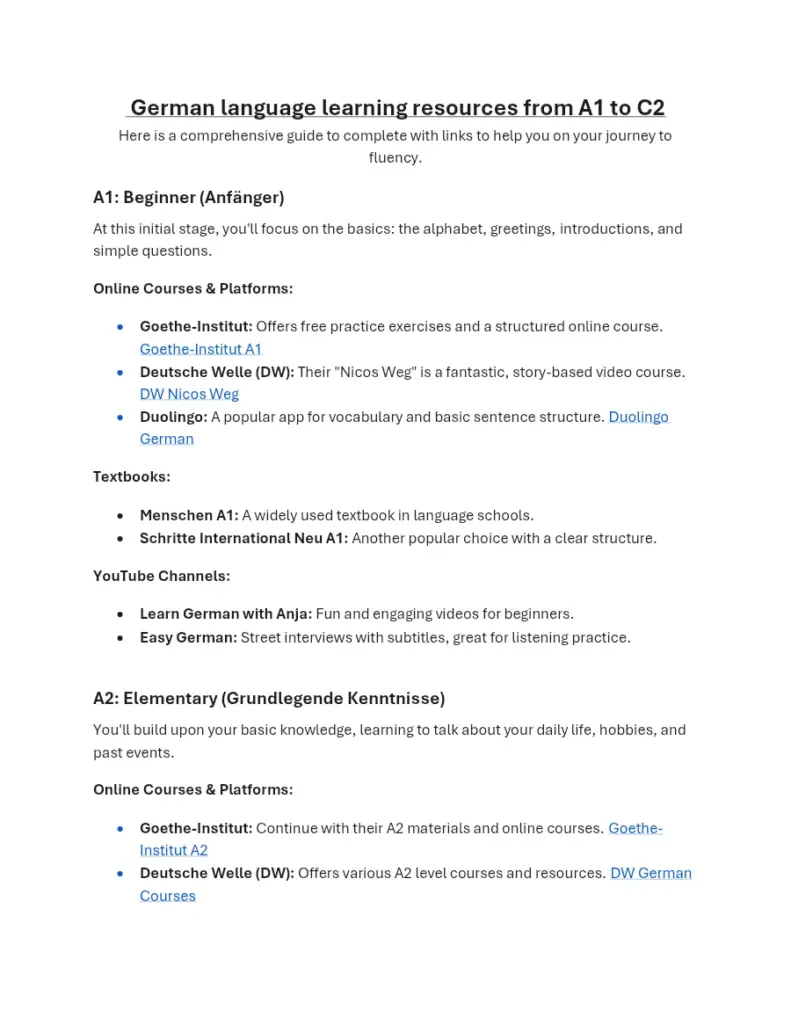 German Language Learning Resources from A1 to C2