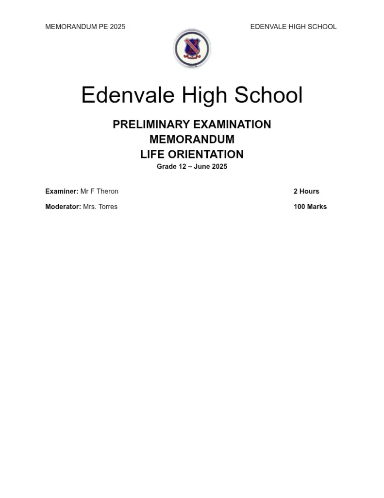 Grade 12 Life Orientation Preliminary Examination Memo 2025