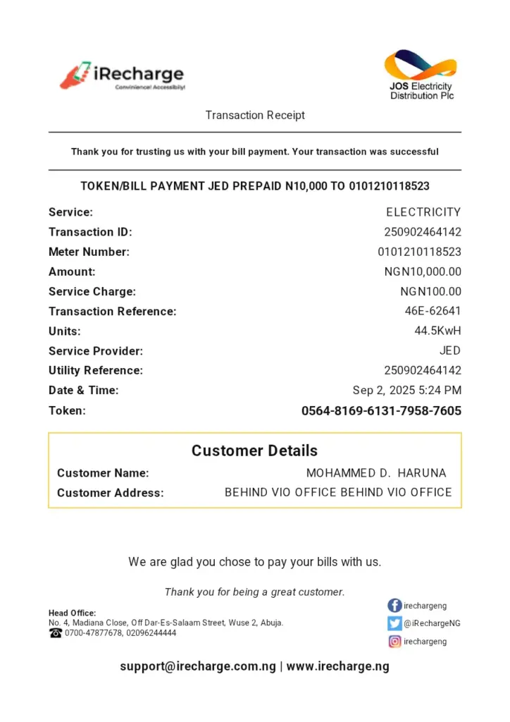 JED Electricity Bill Payment Receipt - Transaction ID 250902464142