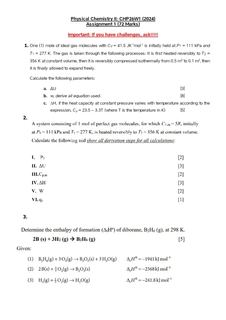 Physical Chemistry II Assignment 1 2024