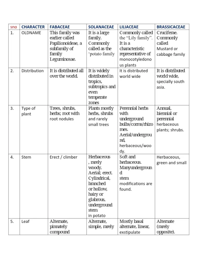 Plant Families Comparison Table for Grade 11 Morphology