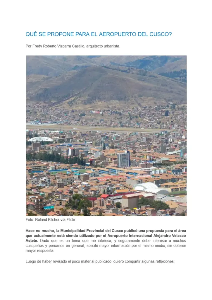 Propuesta para el Aeropuerto del Cusco: Transformación en Espacio Recreativo
