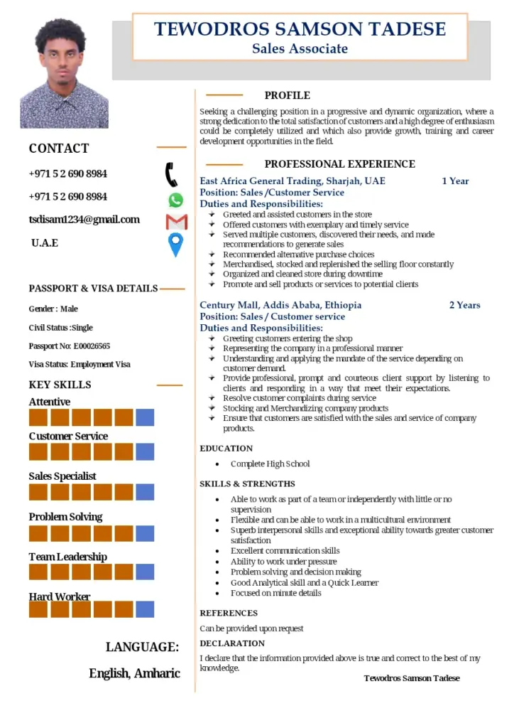 Sales and Customer Service Skills CV