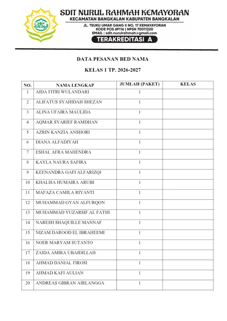 Student Nametag Orders for Academic Year 2026-2027
