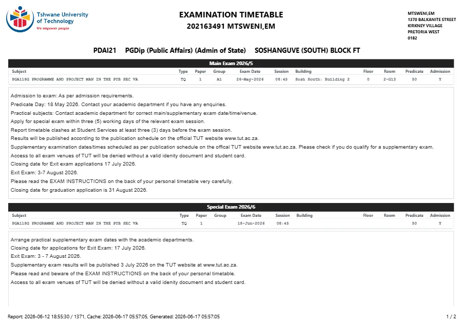 TUT Examination Timetable 2026 - MTSWENI, EM