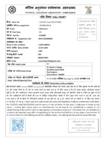 Technician-B Hall Ticket 2103062 – Physical Research Laboratory