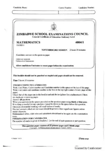 Zimbabwe School Examinations Council Mathematics Past Paper 2021