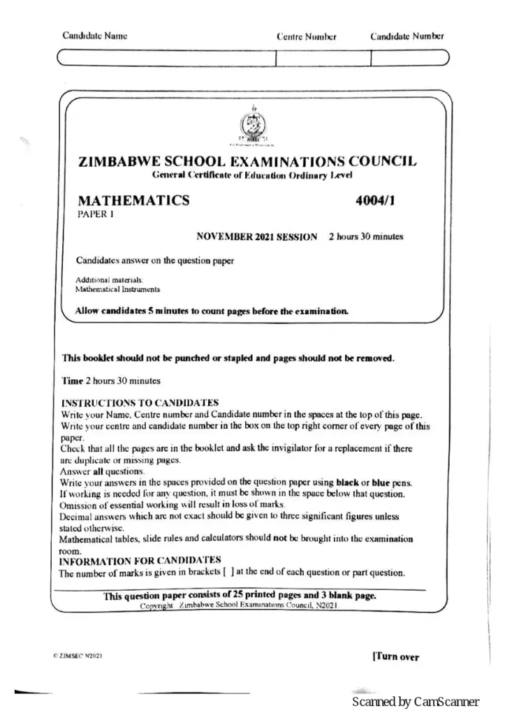Zimbabwe School Examinations Council Mathematics Past Paper 2021