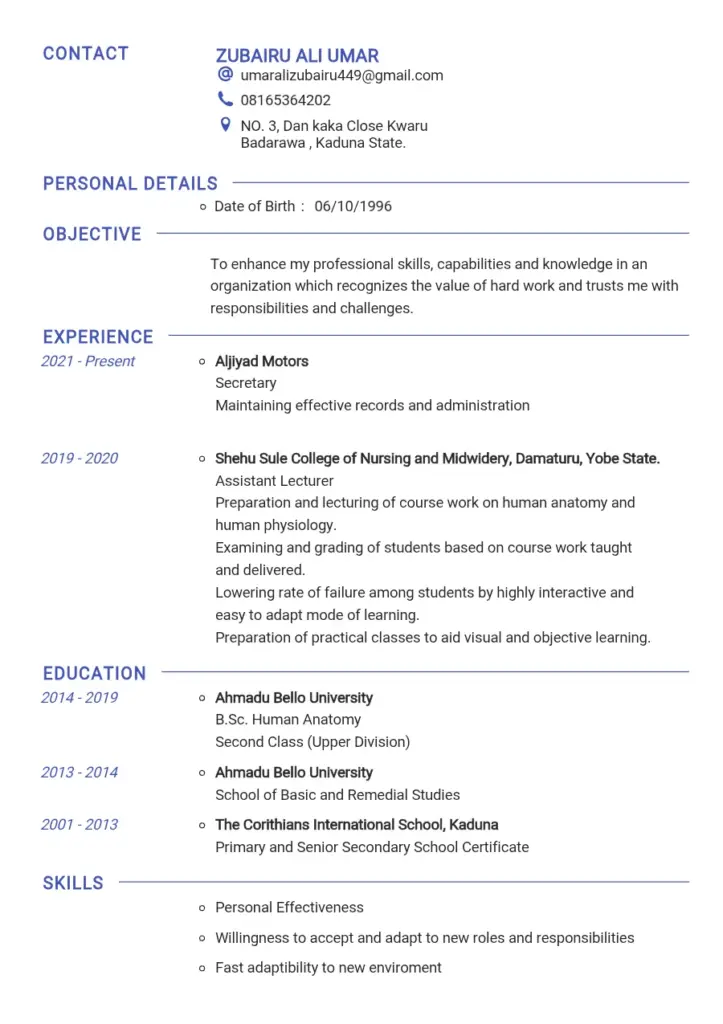 Zubairu Ali Umar CV - Professional Profile 2021